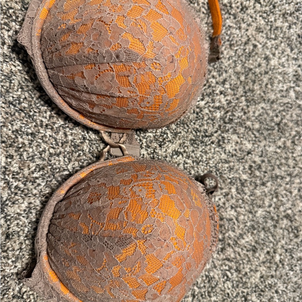 Victoria's Secret Orange and Brown Lace Overlay Push-Up Bra